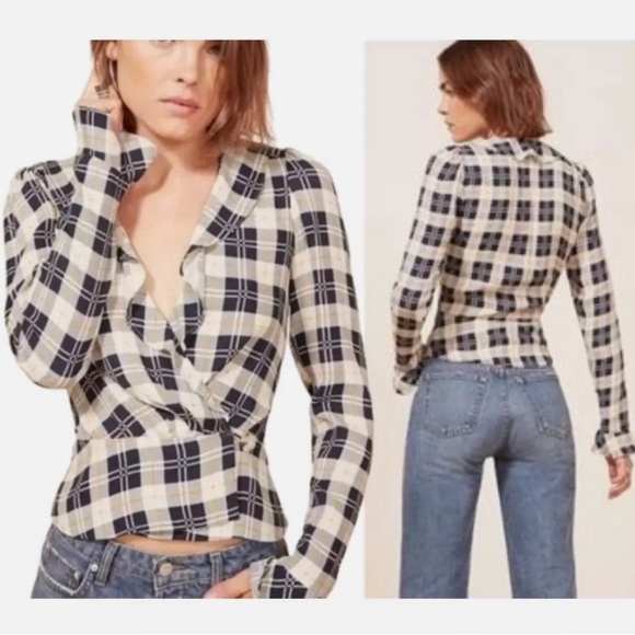 Reformation Lee Wrap Top In Navy Tartan Plaid Long Sleeve Ruffle Blouse - Picture 3 of 5